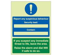 Cartello di sicurezza con scritta "V Safety Report Any Suspicious Behaviour", 300 x 400 mm, si illumina al buio, 1 mm, in plastica rigida