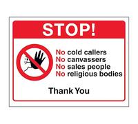 Cartello di sicurezza con scritta "V Safety Stop! No Cold Callers, No Canvassers, No Sales...Thank you", 150 x 100 mm, vinile autoadesivo, effetto alluminio