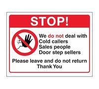Cartello di sicurezza con scritta "V Safety Stop! We Do Not Deal With Cold Callers, Sales People, Door Step...", 150 x 100 mm, vinile autoadesivo, effetto alluminio
