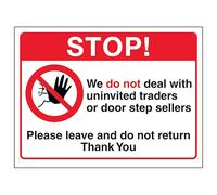 Cartello di sicurezza con scritta "V Safety Stop! We Do Not Deal With Uninvited Traders Or Door Step Sellers...", 200 x 150 mm, vinile autoadesivo, effetto alluminio