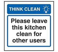 Cartello di sicurezza con scritta "V Safety Think Clean Please Leave This Kitchen Clean For Other Users", 100 x 100 mm, 3 mm, in alluminio spazzolato composito