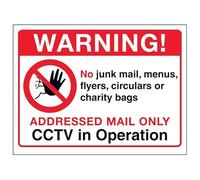 Cartello di sicurezza con scritta "V Safety Warning!...Addressed Mail Only, CCTV in Operation", 150 x 100 mm, vinile autoadesivo, effetto alluminio