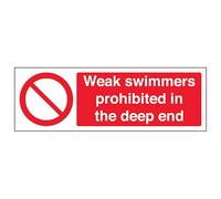 Cartello di sicurezza con scritta "V Safety Weak Swimmers Prohibited In The Deep End, orizzontale, 300 x 100 mm, vinile autoadesivo, effetto alluminio