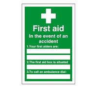 Cartello di sicurezza "First Aid in the event of an incident", scatola bianca, 1,2 mm, in plastica rigida per uso interno/esterno (200 mm x 150 mm), distanza di visualizzazione entro 5 m.