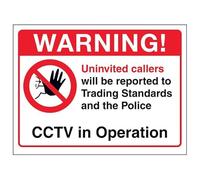 Cartello di sicurezza in alluminio spazzolato con scritta "V Safety Warning! Uninvited Callers Will Be Reported...CCTV In Operation", 150 x 100 mm, 3 mm