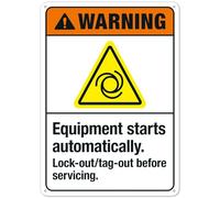 Cartello di sicurezza in metallo con scritta "Equipment Starts Automatically, Lock-Out/Tag-Out Before Services, cartello di sicurezza in metallo NO.28171, cartello di sicurezza in metallo 20,3 x 30,5