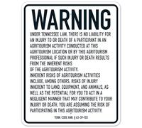 Cartello di sicurezza in metallo con scritta in inglese "Warning Under Tennessee Law There Is No Liability For An Injury To Or Death Of A Participant", 20,3 x 30,5 cm