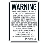Cartello di sicurezza in metallo con scritta "Warning Under Louisiana Law There Is No Liability For An Injury Or Death Of A Participant In An Agriturism", cartello di sicurezza in metallo n. 20266, 20