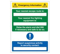 Cartello di sicurezza in plastica rigida con scritta "V Safety Emergency Information - Nearest Escape Route/Fire Fighting Equipment Is 300 x 400 mm - 1 mm