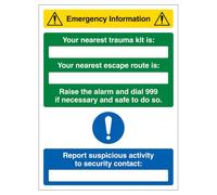 Cartello di sicurezza in plastica rigida con scritta "V Safety Emergency Information - Nearest Trauma Kit/Escape Route Is 300 x 400 mm - 1 mm