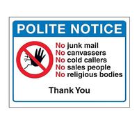Cartello di sicurezza in plastica rigida con scritta "V Safety Polite Notice, No Junk Mail, No Canvassers, No Cold...Thank You", 150 x 100 mm, 2 mm