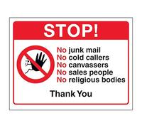 Cartello di sicurezza in plastica rigida con scritta "V Safety Stop! No Junk Mail, No Cold Callers, No Canvassers...Thank You", 200 x 150 mm