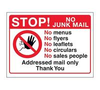 Cartello di sicurezza in plastica rigida con scritta "V Safety Stop! No Junk Mail - No Menus, No Flyers, No Circulars, No Sales... 150 x 100 mm - 1 mm