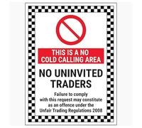 Cartello di sicurezza in plastica rigida con scritta "V Safety This Is A No Cold Calling Area/No Uninvited Traders/Failure To Comply", 150 x 200 mm