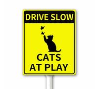 Cartello "Drive Slow Cats at Play" con paletto, segnale di attraversamento lento del gatto, targa di sicurezza in metallo con segnale di avvertimento, 12 x 15 cm, in alluminio robusto, antiruggine