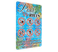 Cartello estivo con le regole della piscina, con regole di sicurezza, scritta "No Lifeguard On Duty" (lingua italiana non garantita), "Swim At Your Own Risk for Pool Decoration", decorazione da parete
