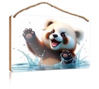 Cartello estivo in legno da appendere con panda rosso che spruzza nell'acqua, idea regalo per la casa, cucina, ufficio (23 x 35 cm)