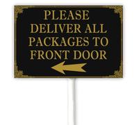 Cartello in alluminio con scritta in lingua inglese "Please Deliver All Packages To Front Door With Left Arrow", cartello per la consegna del pacchetto, targa in alluminio robusto nero, resistente