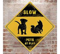 Cartello in latta con scritta "Caution Slow Pets at Play Crossing Xing", segnale stradale di avvertimento per gatti e cani, cartello stradale per cortile, garage, giardino, portico esterno, 20,3 x