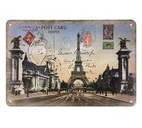Cartello in latta con Torre Eiffel, cartolina, percorso, cielo, griglia alta, maglia, piuma, vintage, per bar, pub, negozi, decorazioni da parete, divertenti, retrò, per uomini e donne, 8x12 pollici