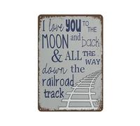 Cartello in latta creativo e divertente con la scritta Ti amo fino alla luna e ritorno e lungo tutto il binario del treno, decorazione per la cameretta dei bambini, 8x12 pollici