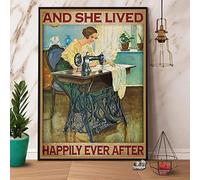 Cartello in latta Garage Ragazza che cuce e visse per sempre felici e contenti Cartello in latta retrò Cartello vintage divertente Decorazioni uniche per la casa Carina decorazione da parete 8x12 pol