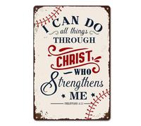 Cartello in latta ispiratore da baseball - "Posso fare ogni cosa attraverso Cristo" Decorazione murale per la camera dei ragazzi, la sala sportiva o per gli appassionati di baseball 8x12 pollici