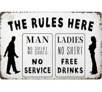 Cartello in latta "The Rules Here" con scritta "Man No Service Ladies Free Drinks Keep an Eye On", elegante e divertente cartello in metallo, decorazione da parete, decorazioni artistiche per bar, cl