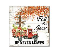 Cartello in legno con scritta "Fall for Jesus He Never Leaves Farmhouse Pumpkin Leaves Cross Red Truck Wall Placca Farm Harvest Wall Decor Farmhouse Rustico in legno per cucina, soggiorno, camera da