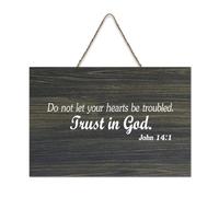 Cartello in legno con scritta in inglese "Do not let your hearts be trouubled trust in God" 14:1, 15,2 x 25,4 cm, con dedica della Bibbia, arte rustica, da appendere, per porta d'ingresso, soggiorno