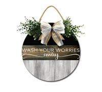 Cartello in legno con scritta "Wash Your Worries Away", decorazione rustica per portico, decorazione da parete in legno con fiocco, per casa, portico, porta da parete, 28 x 28 cm