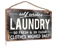 Cartello in legno da appendere alla parete, con scritta "Self Service Laundry: Fresh & Clean Daily Cartello in legno per porta d'ingresso (23 x 35 cm)