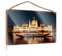 Cartello in legno da appendere con riflessi dorati: una vista notturna del Parlamento di Budapest Bui Wooded Sign divertente decorazione per la casa segni regali da giardino (20 x 30 cm)