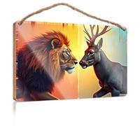Cartello in legno decorativo con leone e cervo faccia fuori in vibrante incontro boscoso cartello decorativo per ufficio da parete divertente scatola segni (23 x 35 cm)