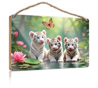 Cartello in legno per la decorazione della casa, tre cuccioli di tigre bianca in un giardino sereno, cartello in legno regalo per amici di lavoro divertenti cartelli da bagno (15 x 28 cm)