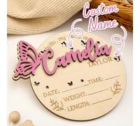 Cartello in legno personalizzato con nome del neonato, annuncio di nascita a forma di farfalla, targa di nascita rotonda, Hello World accessori fotografici, carta per traguardi mensili, rivelazione de