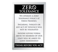 Cartello in metallo con avviso di tolleranza zero, avviso abuso violenza, argento spazzolato, formato A4, abuso verbale o fisico verso il nostro staff non sarà tollerato, per posto di lavoro, ufficio