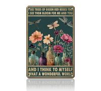 Cartello in metallo con libellula, "Che mondo meraviglioso vedo", alberi verdi, rose rosse e fiori, cartello in metallo vintage per cortile, giardino, fattoria, decorazione da parete, 8x12 pollici