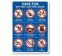 Cartello in metallo con regole della piscina - "Have Fun But Obey Our Pool Rules" - 35,5 x 25,4 cm - Alluminio antiruggine, UV, impermeabile e resistente alle intemperie