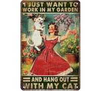 Cartello in metallo con scritta "Gatto, voglio solo lavorare nel mio giardino e appendere con il mio gatto", cartello in latta vintage per casa, cucina, giardino, cortile, ufficio, decorazione 8x12 p