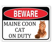 Cartello in metallo con scritta in lingua inglese "Beware Maine Coon Cat On Duty - Targa in metallo con scritta in lingua inglese "Beware Maine Coon Cat On Duty", 30,5 x 20,3 cm, decorazione artistica