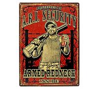 Cartello in metallo con scritta in lingua inglese "Warning Protected by A.R.I Security Armed Redneck Inside" (lingua italiana non garantita), divertente e divertente, decorazione da parete per casa