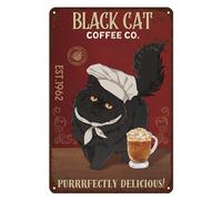 Cartello in metallo retrò con gatto, cartello vintage in latta per bar, divertente decorazione da parete - Black Cat Coffee Co. Purrrfectly Delicious 8x12 pollici