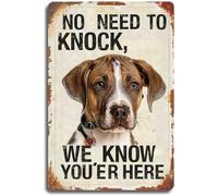 Cartello in metallo rustico a tema cane "Non c'è bisogno di bussare, sappiamo che sei qui", cartello vintage da cucina, decorazione da grotta, poster da parete, cartello da fattoria, giardino, bar, c