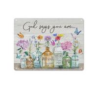 Cartello in metallo rustico, decorazione da bagno, arte murale, fiori, quadri da bagno per pareti, stampe floreali colorate, Dio dice che sei un'opera d'arte, decorazione per la casa, camera da let