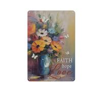 Cartello in metallo rustico, decorazione da parete cristiana, poster con scritta "Fede, Speranza, Amore, Farfalla, Vaso con fiori", decorazione da parete per casa, soggiorno, camera da letto, uffic