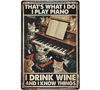 Cartello in metallo vintage Cartello in alluminio Gatti che suonano il pianoforte Ecco cosa faccio Io suono il pianoforte Bevo vino Cartello in latta Decorazione murale retrò per casa, bar e giardino