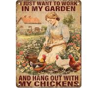 Cartello in metallo "Voglio solo lavorare nel mio giardino e passare il tempo con i miei polli", cartello in latta vintage per casa, cucina, giardino, cortile, ufficio, decorazione 8x12 pollici