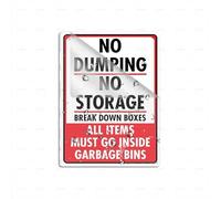 Cartello in plastica acrilica con scritta "No Dumping No Storage Break Down Boxes All Items Must Go Inside Garbage Bins Angoli arrotondati di lunga durata con forte nastro adesivo pulito sul retro