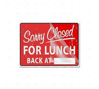 Cartello in plastica acrilica, con scritta "Sorry Close For Lunch Back At Rounded Corners", lunga durata, con nastro adesivo resistente e pulito sul retro, 15,2 x 20,3 cm